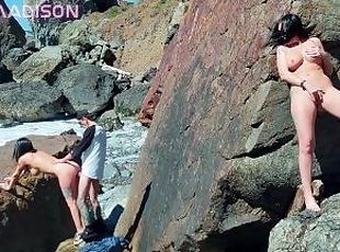 Voyeur Beach Babe Almost CAUGHT Masturbating to couple fucking