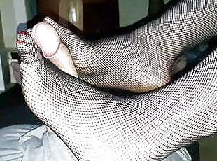 Fishnet stockings footjob with my long toes