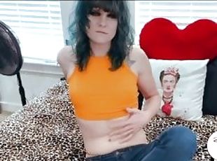 cute Blue haired emo Trans girl strips down and plays with her cock.