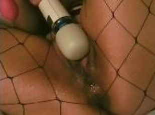 huge mutiple squirts from hardcore toying and magic wand in black fishnets