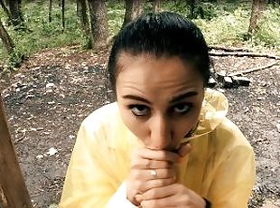 Black Lynn in Yellow Raincoat Sucking Cock in the Woods - Public Blowjob and Cum in Mouth