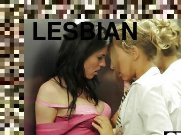 Cute lesbians go down in an elevator to eat each other's pussy - Whitney conroy