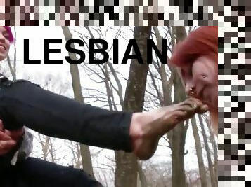 Lesbian slave is sucking fingers muddy feet