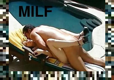 Sex show by the pool where the brunette MILF