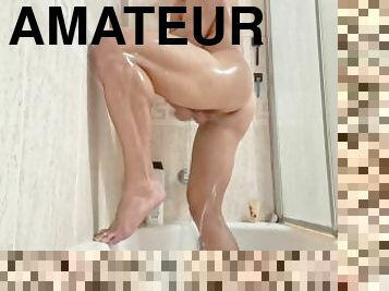 Sexy guy masturbating his big cock in the shower - Very beautiful to watch