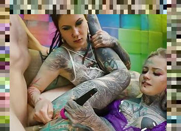 2 girls with heavy tattoos get fucked in the ass by a big dick