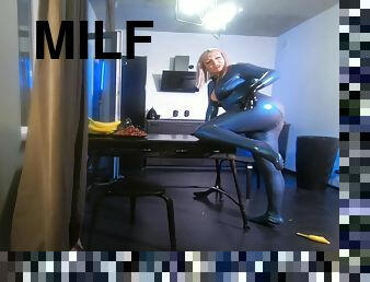 amatör, milf, blond, fetisch, latex, ensam, gummi