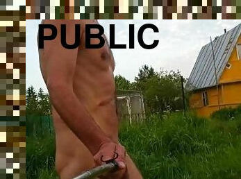 nudist, utomhus, publik, exhibitionist, kuk, blottande