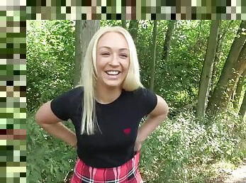 Blonde schoolgirl Amber Deen enjoy doggy fuck outdoors