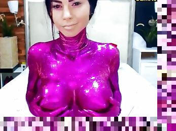 Cam Girl Nake In Purple Body Paint With Nice Titties