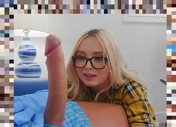 A man proves to nerdy blond Lexi Lore that cock size really matter.