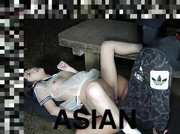 Asian skinny teen gets creampied outdoor