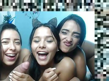 Three slutty teens fight for a huge dick and beg for more one
