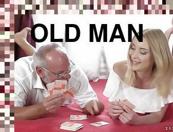 teen girl Amaris plays nude card game with old man