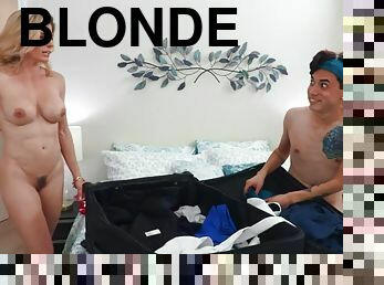 Lad gets out of the suit-case to satisfy a hot blonde