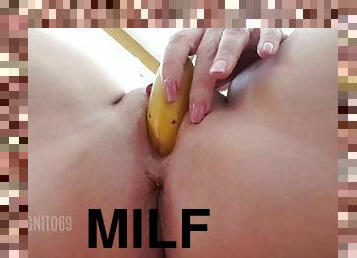 mastrubacija, orgazem, muca, amaterski, odrasle, milf, mami, fantazija, solo, banana