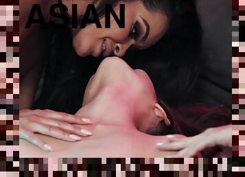 asiático, teta-grande, peluda, cona-pussy, babes, lésbicas, latina, quarto, perfurado, rabo