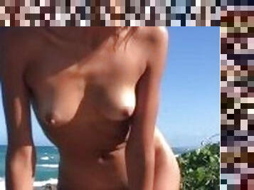 BRAZILIAN LATINA TEEN NUDE ON A PUBLIC BEACH SHOWING HER TINY TITS, PUSSY AND ASS