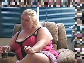 Fat blonde BBW smoking in her sexy lingerie