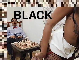 Nerdy black dude with glasses fucks slutty chick in bed