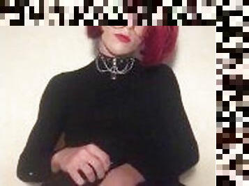 Nerdy redhead trans girl jerks off her huge dick till she cums