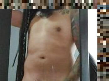 Hot rasta tattoed guy jerking off on the mirror