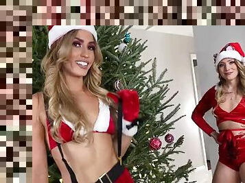 Santa fucks gorgeous babe Kelsi Monroe and AJ Applegate under the Christmas tree