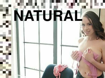 Naturally Jackie with huge tits and luscious bush gives us an amateur masturbation show
