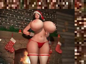 asiático, tetas-grandes, hentai, 3d, tetas, navidad, gigante