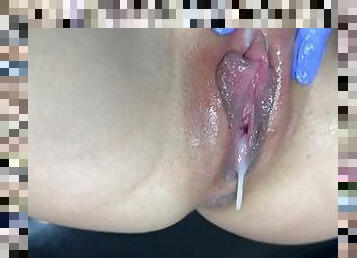 masturbation, orgasm, fitta-pussy, doktor, fingerknull, fetisch, rakad, close-up, vått, saftig