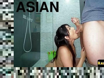 asiatisk, bad, hembiträde, amatör, brudar, petit, dusch, boss