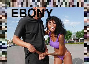 Curly ebony teen handles white man's cock in public POV