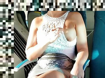 She walks around with her sweaty tits. I travel by train and masturbate in public