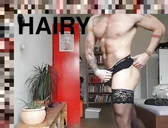 Hairy hunk wear a black stockings