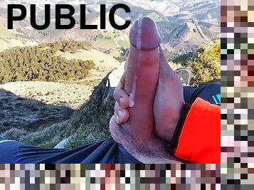 Jock in Fishnet Jerks his Big Fat Cock and Cums on Top of the Mountain ????????????