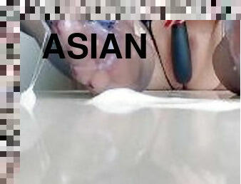 asiatisk, storatuttar, masturbation, strumpbyxor, fitta-pussy, fru, amatör, fötter, slyna, strumpor