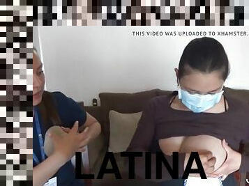 Latina is helped to squeeze milk out of her big round breasts