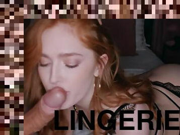 cul, anal, énorme-bite, jouet, fellation-profonde, rousse, lingerie