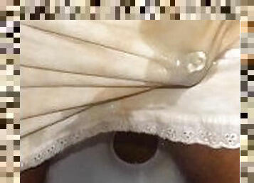 I wear petticoat I pissing on it, and masturbation loud moaning in public toilet