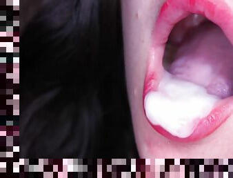 Close-up Red Lips Blowjob, Tongue Play And Oral Creampie