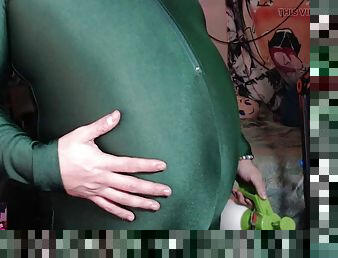 Elastic Green Bodysuit for Inflating Belly