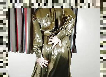 Hot tv crossdresser in high shine metallic sexy dress