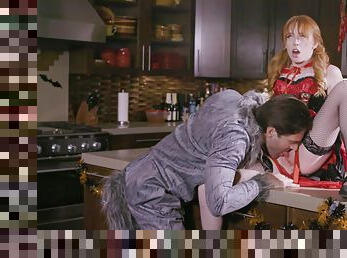 Redhead swallows jizz like a whore after intense kitchen incest