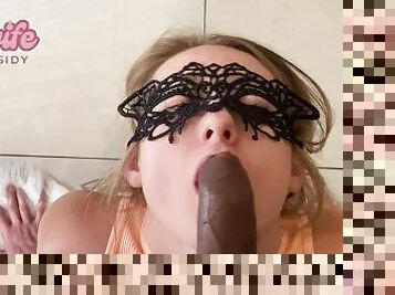 POV White girl gives BBC blowjob deepthroat spits on it and then swallows his cum smiling dirty talk