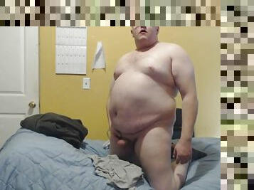 Fat guy masturbates in bed BHM Small bald cock