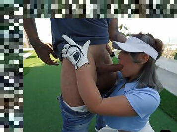 IR Busty MILF with big ass in golf and gloved hands gets fucked