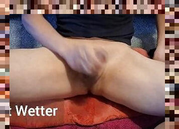 Desperate pee wetting in the lounge, with wank and cumshot