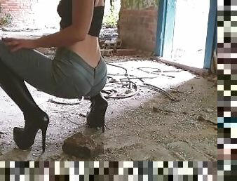 Perfect ass in grey jeans boots and crushing tease in abandoned building