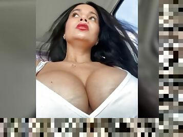 CataleyaRusso using shiny VS red bra shows her tits inside the car