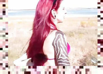Amazing redhead Sofia Santana wants to bang random guys next to the lake!